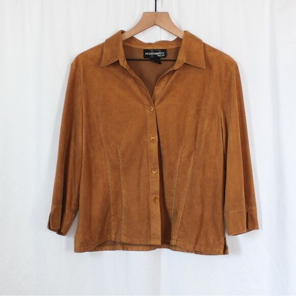 Vintage Tops - Vintage Brown Faux Suede Button Down Blouse Petite Large